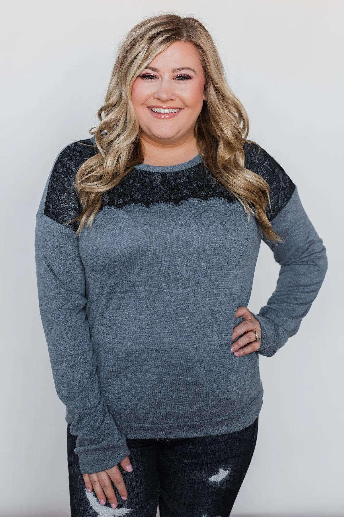 Winter Nights Lace Trimmed Top - Slate Blue