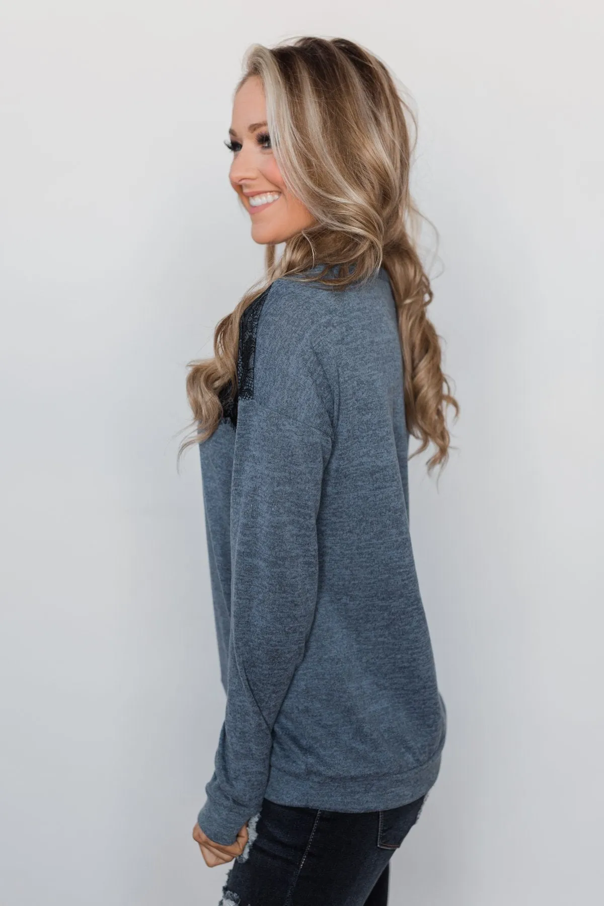 Winter Nights Lace Trimmed Top - Slate Blue
