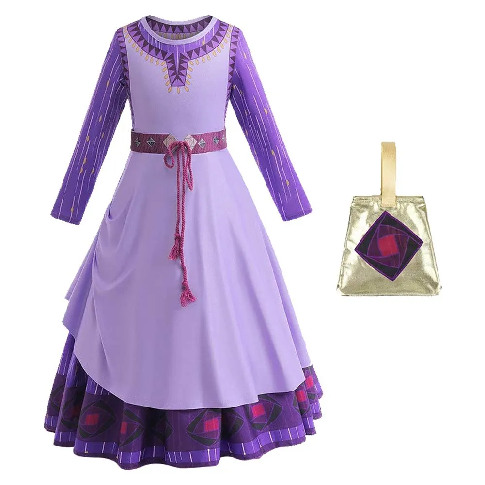 Wish 2023 Asha Kids Children Movie Character Purple Dress Cosplay Costume Outfits
