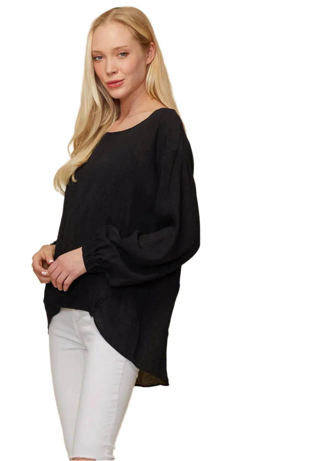 Women's Hi-lo Elastic Banded Hem Top in Black