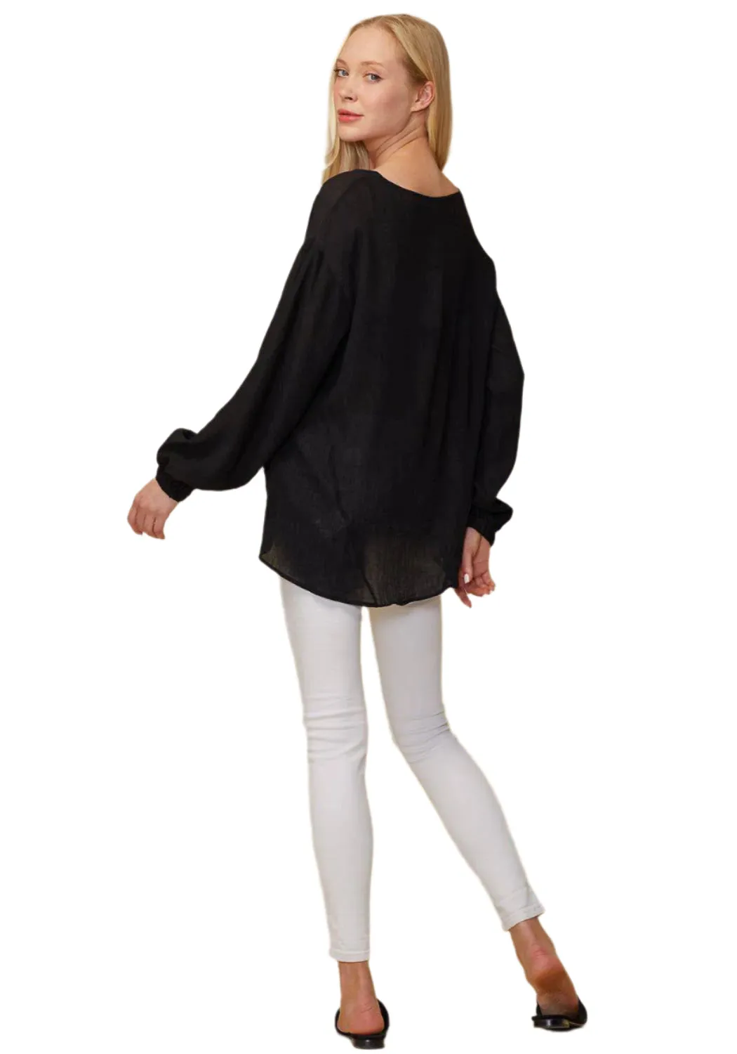 Women's Hi-lo Elastic Banded Hem Top in Black