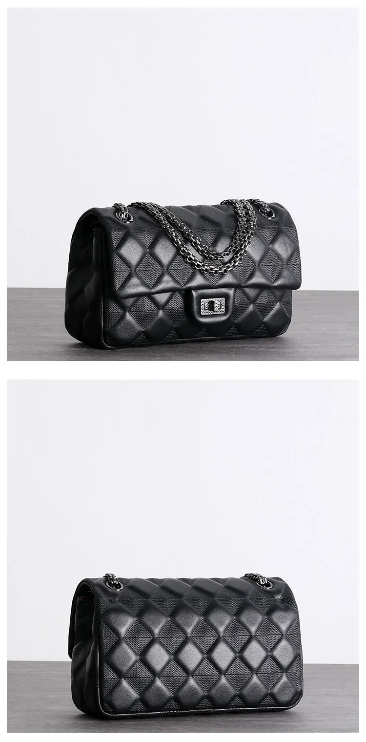 Womens Leather Shoulder Bag Womens Black Diamond Leather Chain Shoulder Purse Leather Chain Purse for Ladies