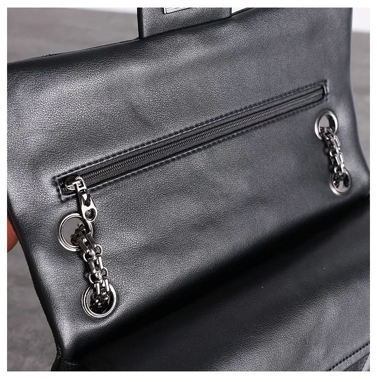 Womens Leather Shoulder Bag Womens Black Diamond Leather Chain Shoulder Purse Leather Chain Purse for Ladies