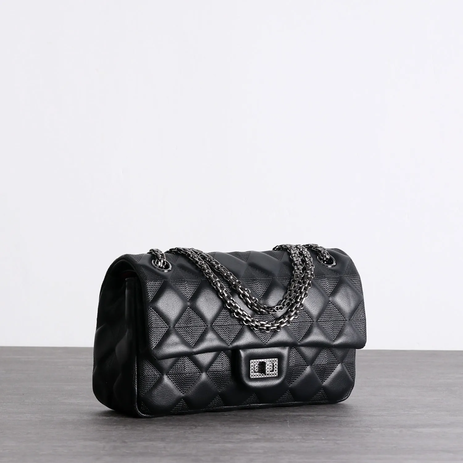 Womens Leather Shoulder Bag Womens Black Diamond Leather Chain Shoulder Purse Leather Chain Purse for Ladies