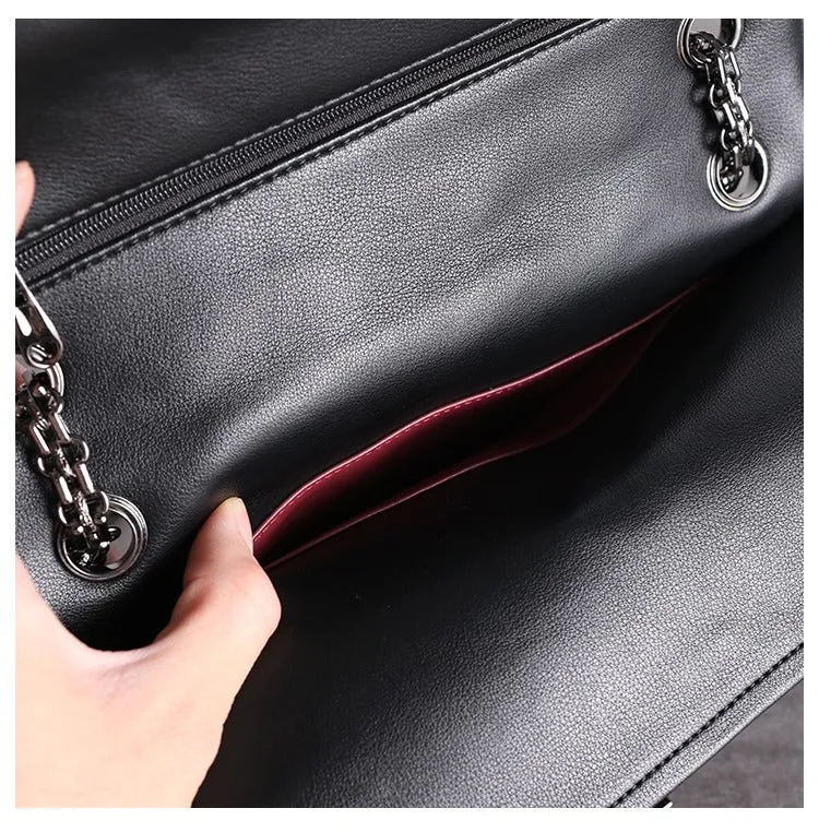 Womens Leather Shoulder Bag Womens Black Diamond Leather Chain Shoulder Purse Leather Chain Purse for Ladies