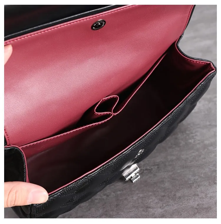 Womens Leather Shoulder Bag Womens Black Diamond Leather Chain Shoulder Purse Leather Chain Purse for Ladies