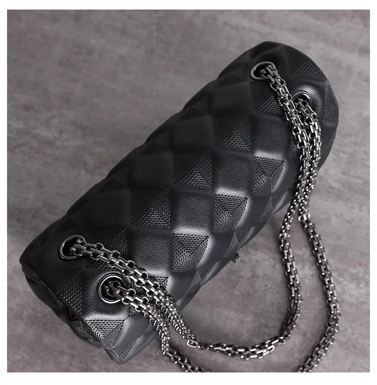 Womens Leather Shoulder Bag Womens Black Diamond Leather Chain Shoulder Purse Leather Chain Purse for Ladies