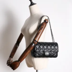 Womens Leather Shoulder Bag Womens Black Diamond Leather Chain Shoulder Purse Leather Chain Purse for Ladies