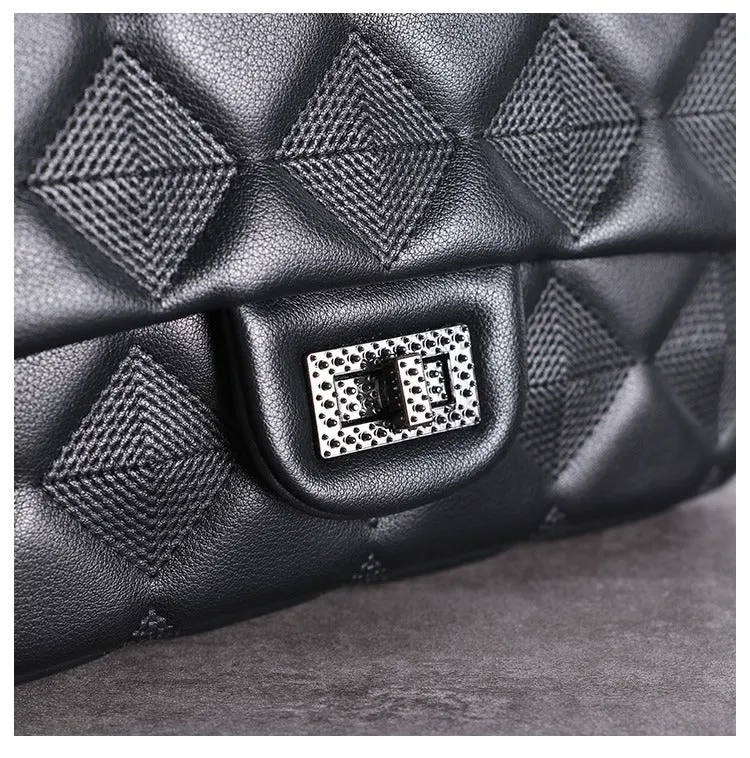 Womens Leather Shoulder Bag Womens Black Diamond Leather Chain Shoulder Purse Leather Chain Purse for Ladies