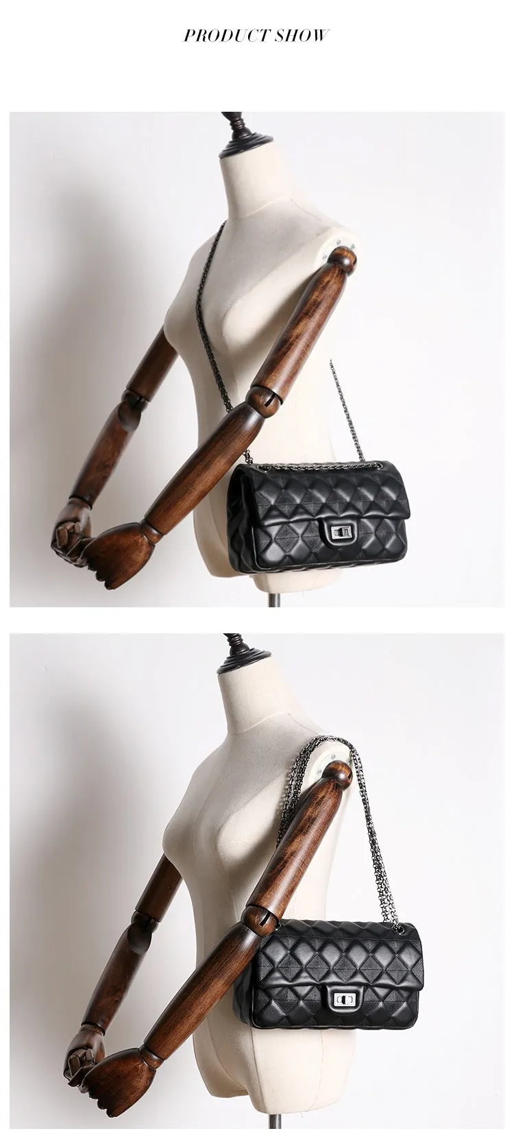 Womens Leather Shoulder Bag Womens Black Diamond Leather Chain Shoulder Purse Leather Chain Purse for Ladies