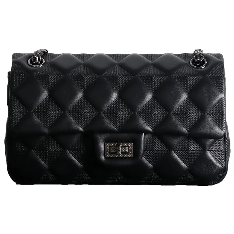 Womens Leather Shoulder Bag Womens Black Diamond Leather Chain Shoulder Purse Leather Chain Purse for Ladies