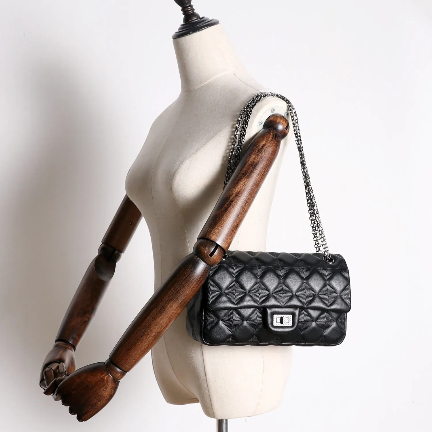 Womens Leather Shoulder Bag Womens Black Diamond Leather Chain Shoulder Purse Leather Chain Purse for Ladies