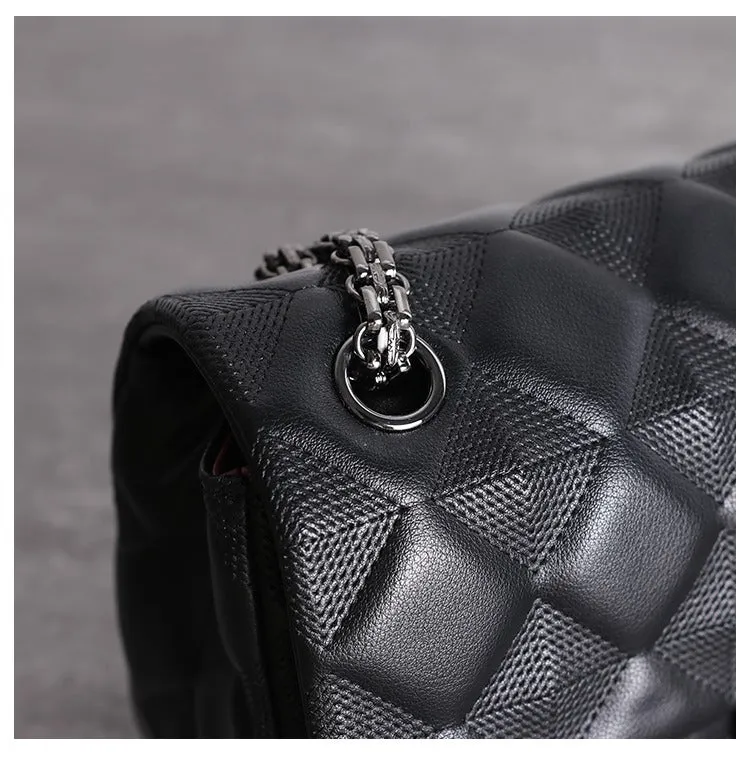 Womens Leather Shoulder Bag Womens Black Diamond Leather Chain Shoulder Purse Leather Chain Purse for Ladies