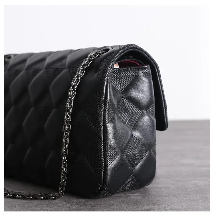 Womens Leather Shoulder Bag Womens Black Diamond Leather Chain Shoulder Purse Leather Chain Purse for Ladies
