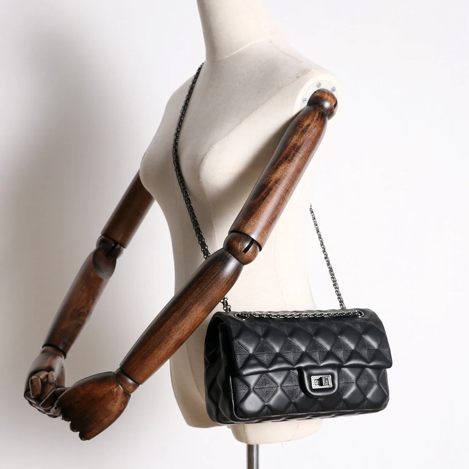Womens Leather Shoulder Bag Womens Black Diamond Leather Chain Shoulder Purse Leather Chain Purse for Ladies