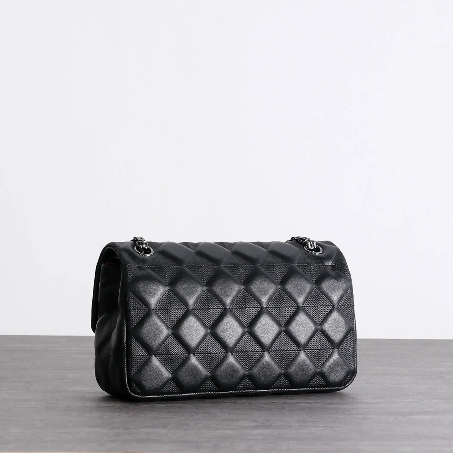 Womens Leather Shoulder Bag Womens Black Diamond Leather Chain Shoulder Purse Leather Chain Purse for Ladies