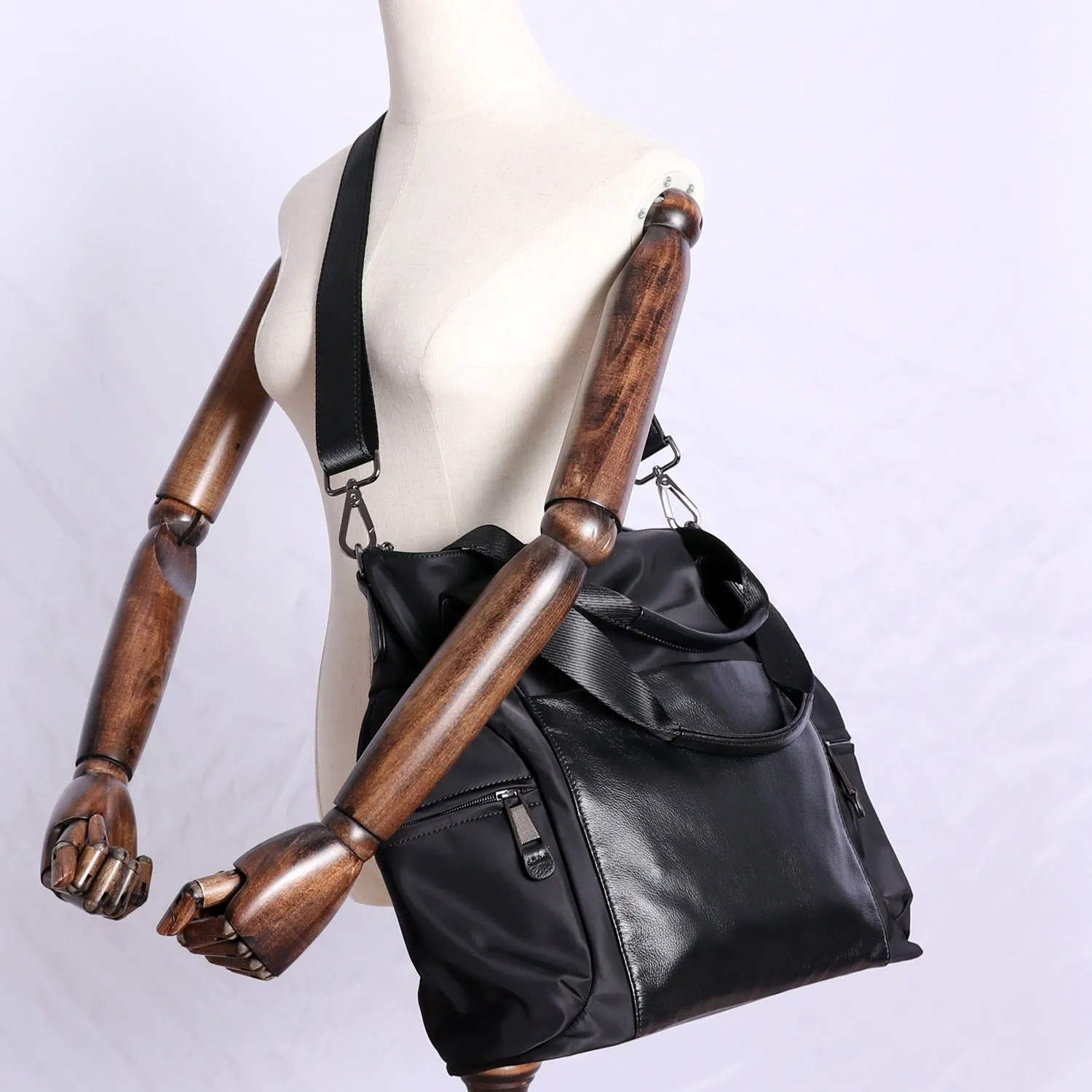 Womens Nylon Leather Travel Handbag Womens Black Nylon Gym Purse Nylon Work Handbag Purse for Ladies
