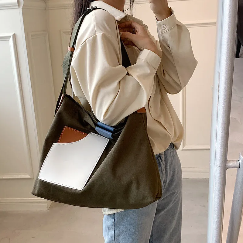 XIEYINSHE Contrast Color Portable Large Capacity Canvas Minimalism Large Bag Summer New  Shoulder Messenger Bag Women's Bag Bucket Bag