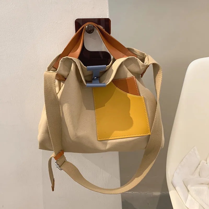 XIEYINSHE Contrast Color Portable Large Capacity Canvas Minimalism Large Bag Summer New  Shoulder Messenger Bag Women's Bag Bucket Bag
