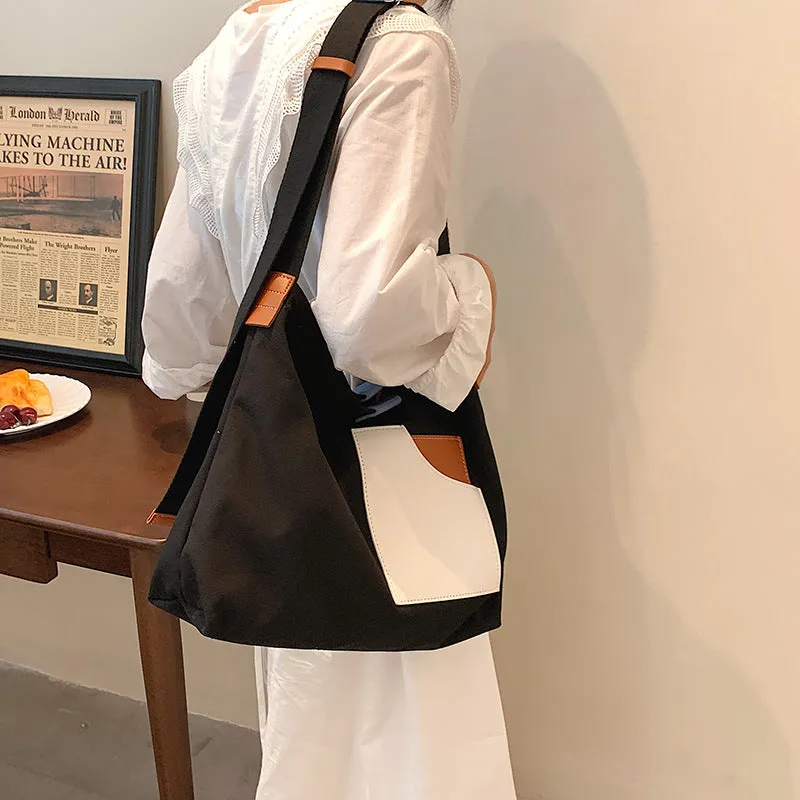 XIEYINSHE Contrast Color Portable Large Capacity Canvas Minimalism Large Bag Summer New  Shoulder Messenger Bag Women's Bag Bucket Bag