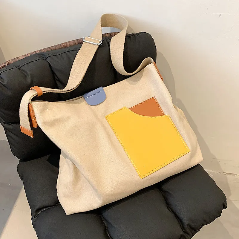 XIEYINSHE Contrast Color Portable Large Capacity Canvas Minimalism Large Bag Summer New  Shoulder Messenger Bag Women's Bag Bucket Bag
