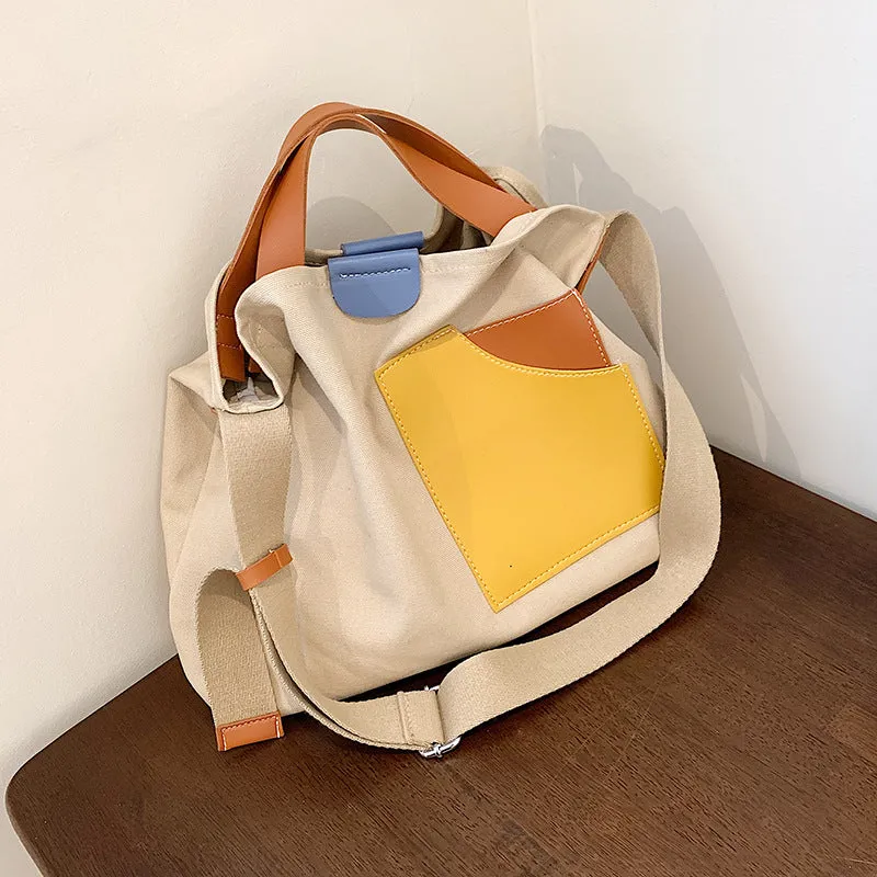 XIEYINSHE Contrast Color Portable Large Capacity Canvas Minimalism Large Bag Summer New  Shoulder Messenger Bag Women's Bag Bucket Bag